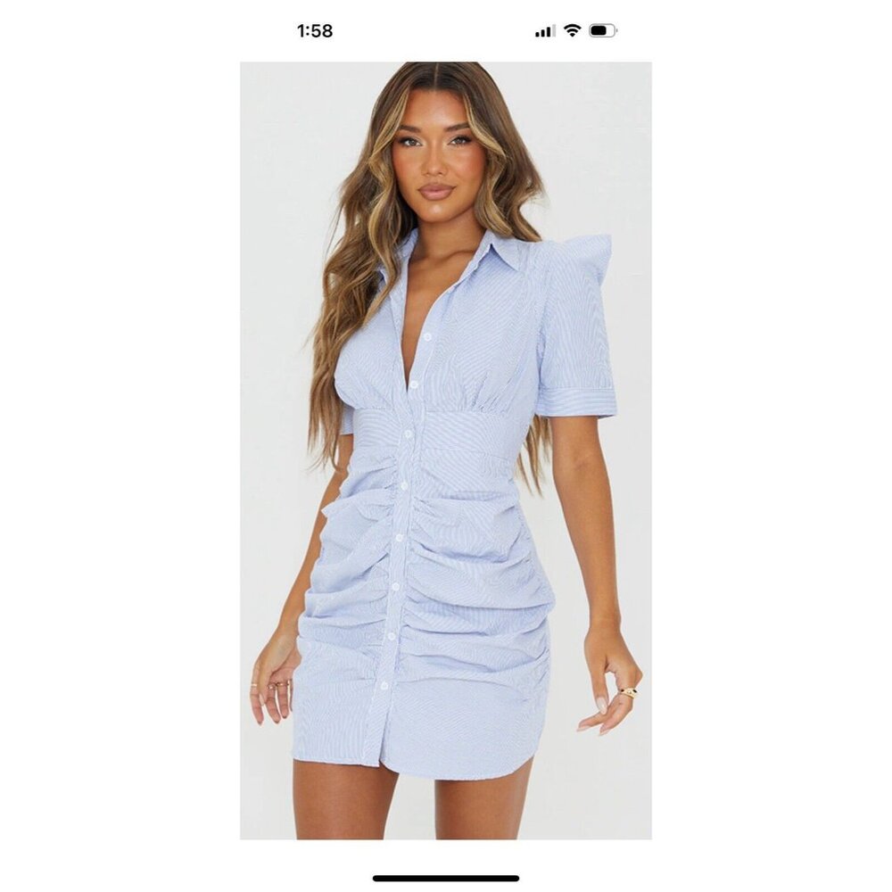 NWT Sophie & Trey Blue Pinstripe Button Down Ruched Bodycon Dress Woman Medium